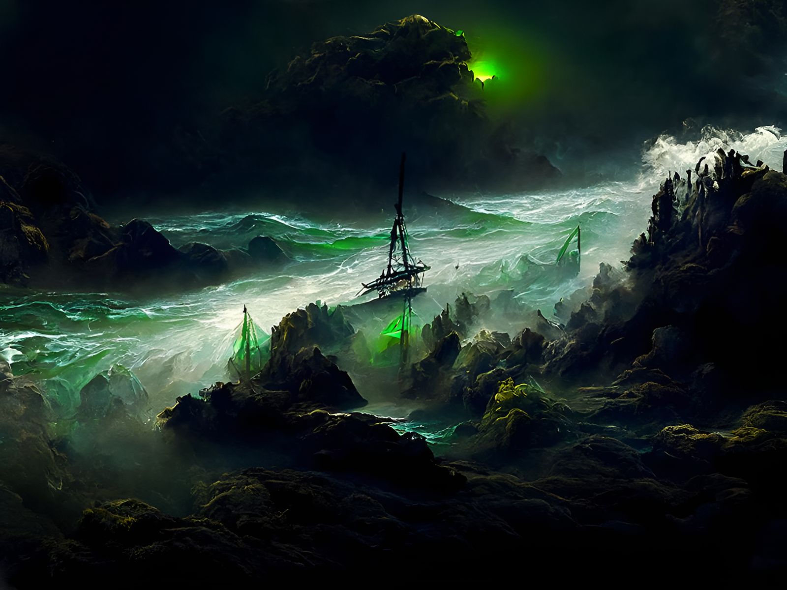 Ghost Ship Sailing Through Luminous Green Clouds
