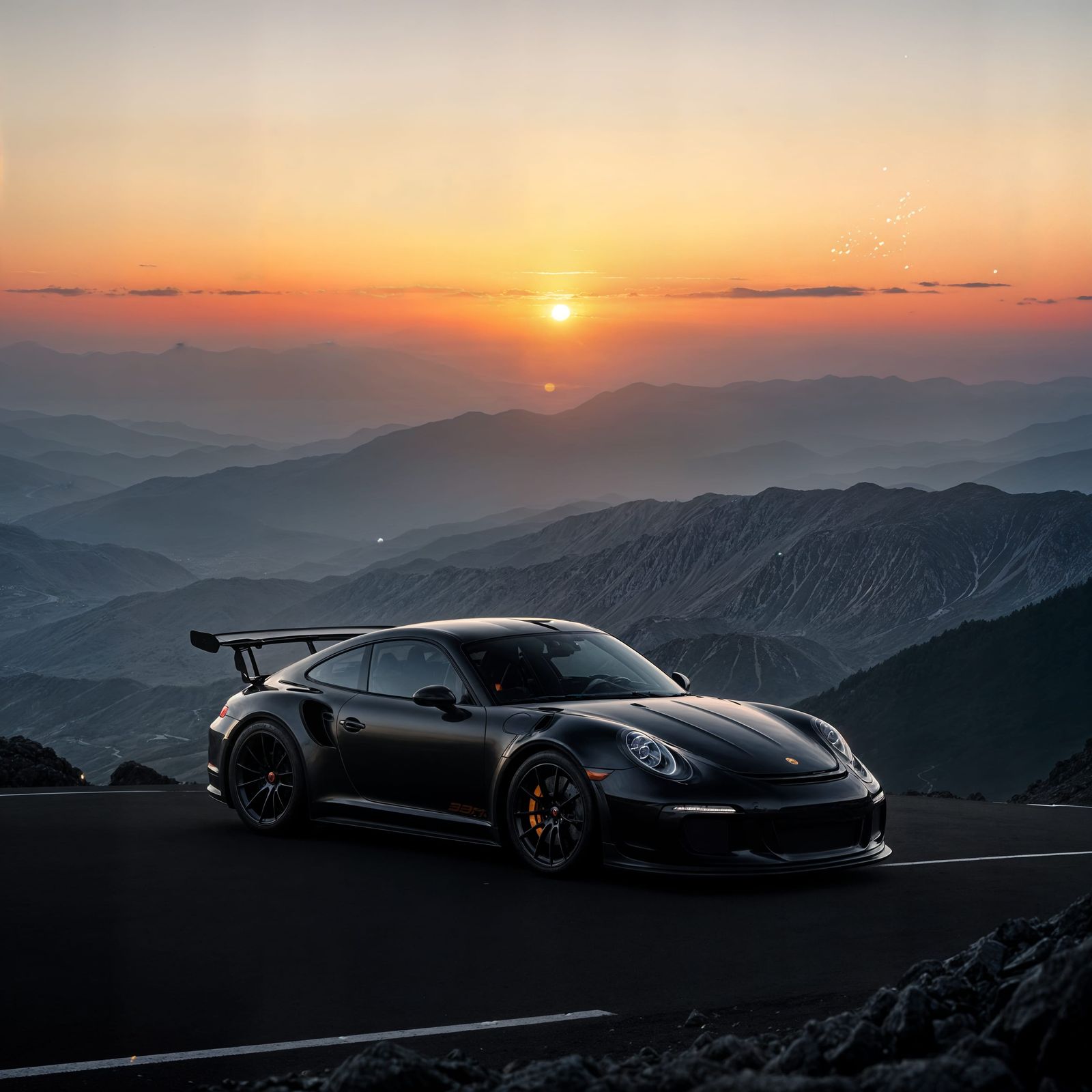 Porsche 911 GT3 RS on a Dark Mountain Peak at Sunset
