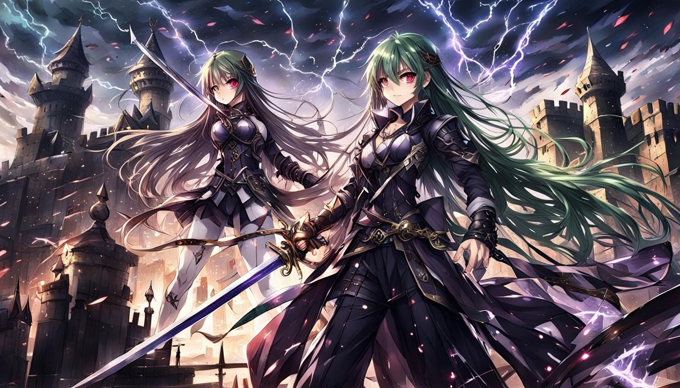 Anime Girls Sword Duel in Light World Castle Arena