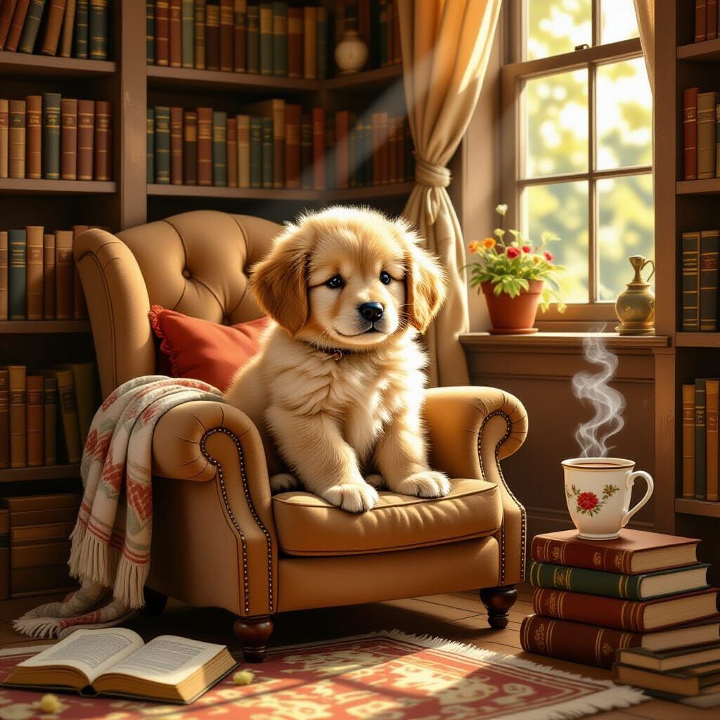 Golden Retriever Puppy in Cozy Reading Nook - Storybook Styl...