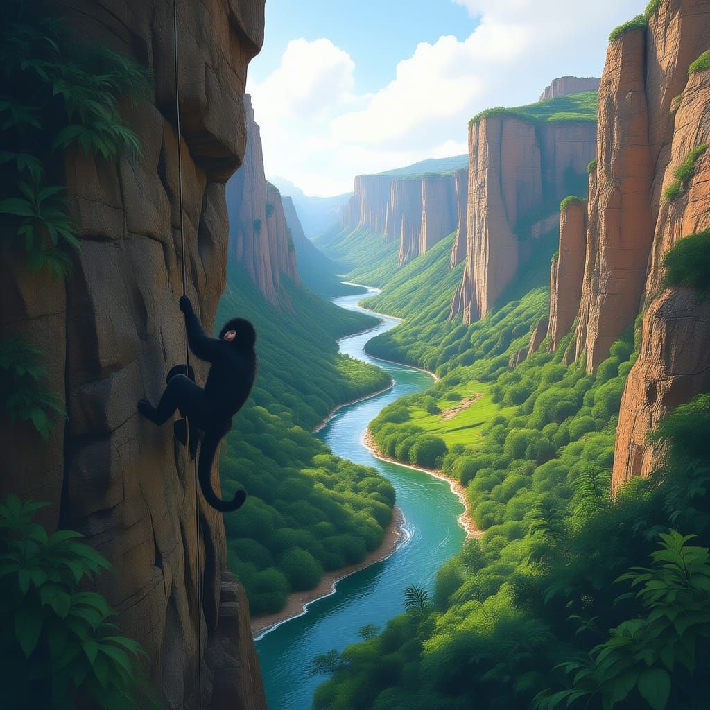 Monkey Rappels Down Cliff Beside River