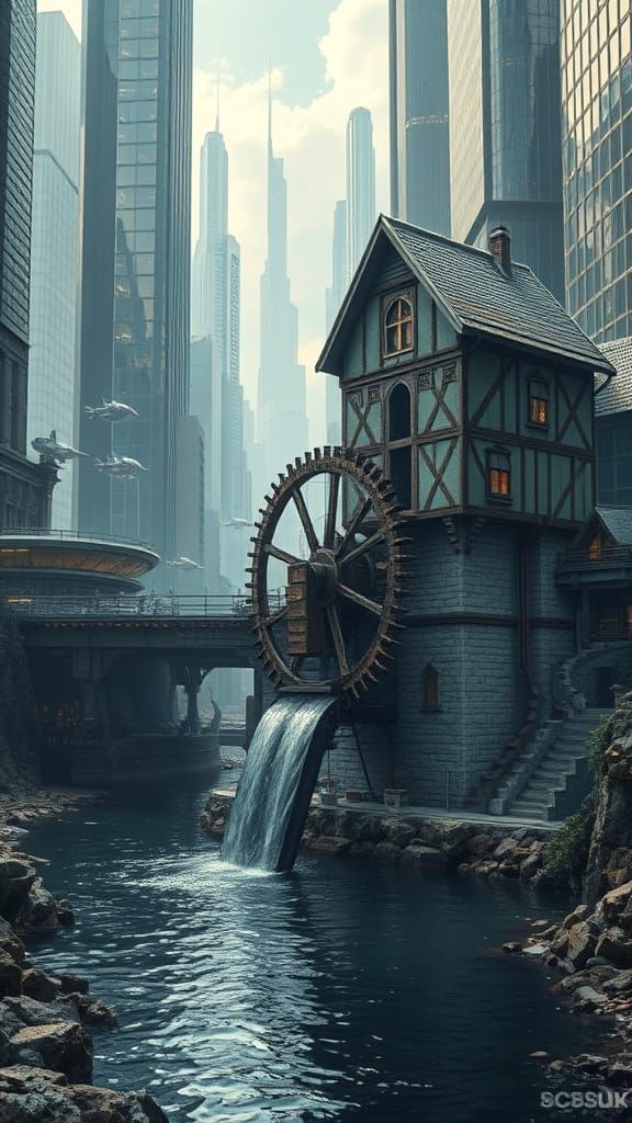 Futuristic Medieval Mill Amidst Cityscape