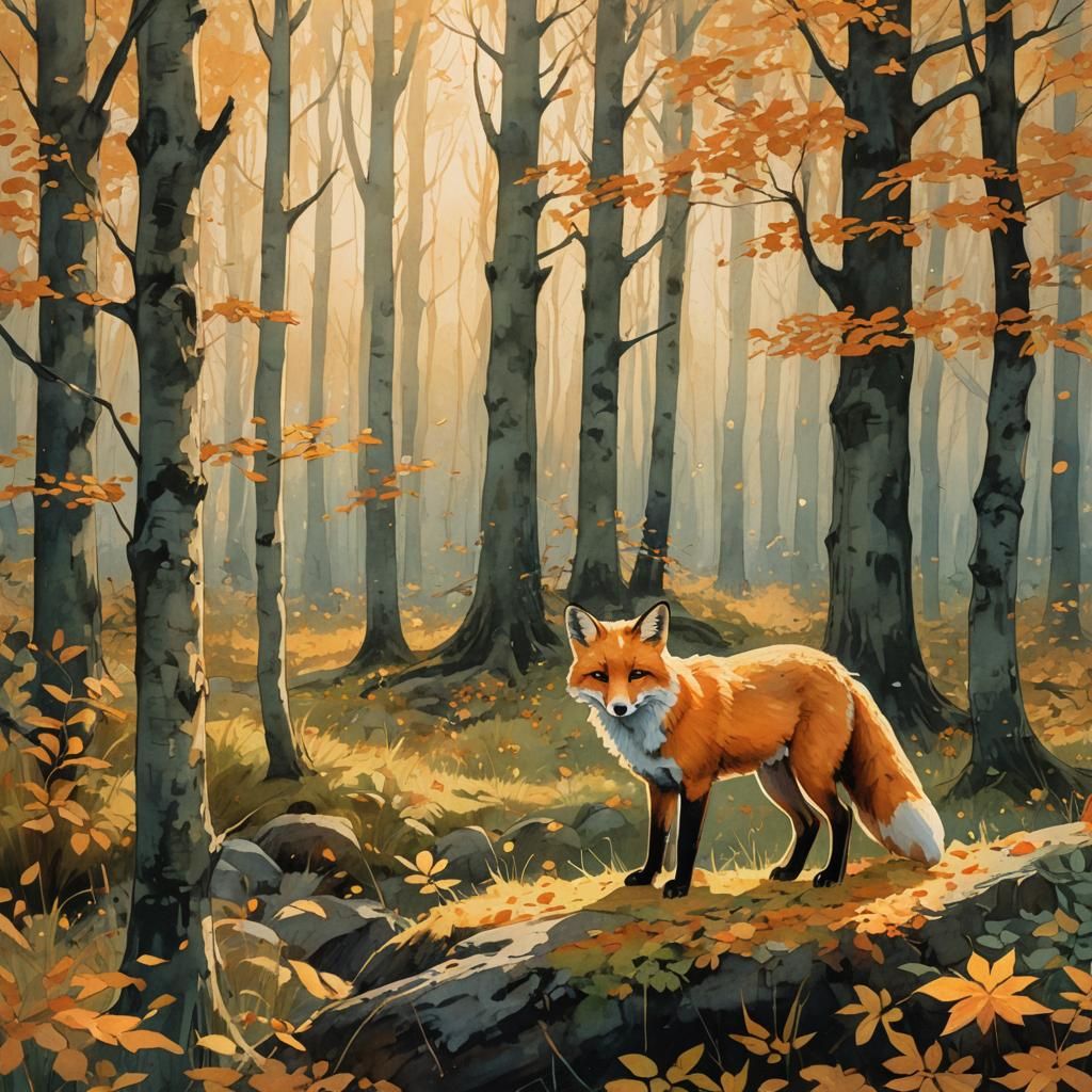 Fox in Forest Clearing: Watercolor Fantasy Art
