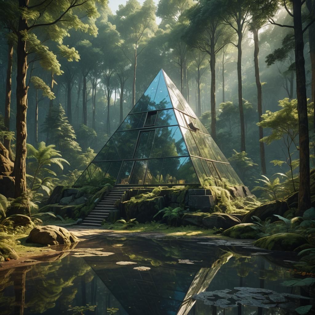 Postmodern Glass Pyramid in Forest, Detailed Matte Painting