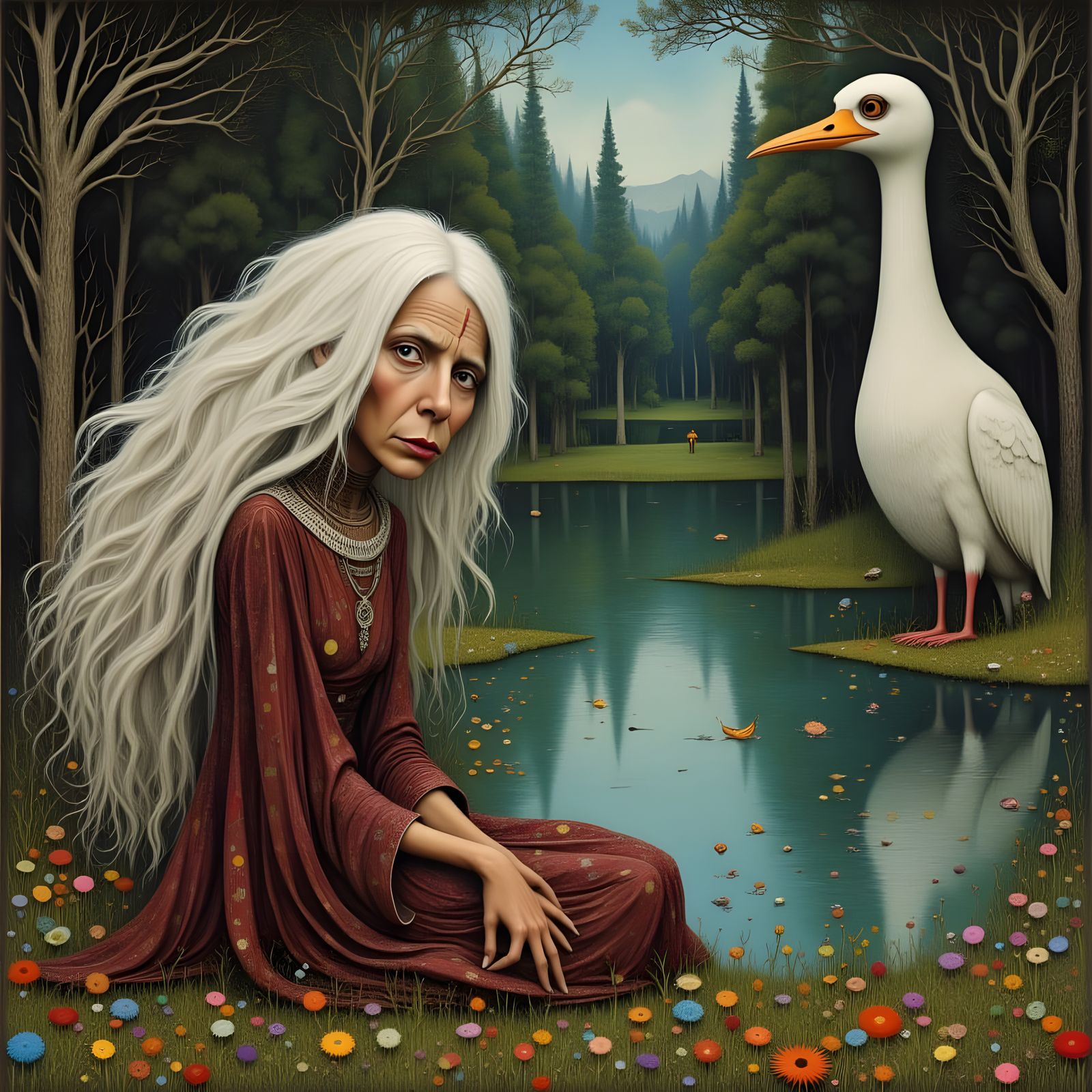 Bohemian Woman by Pond with Bird Reflection