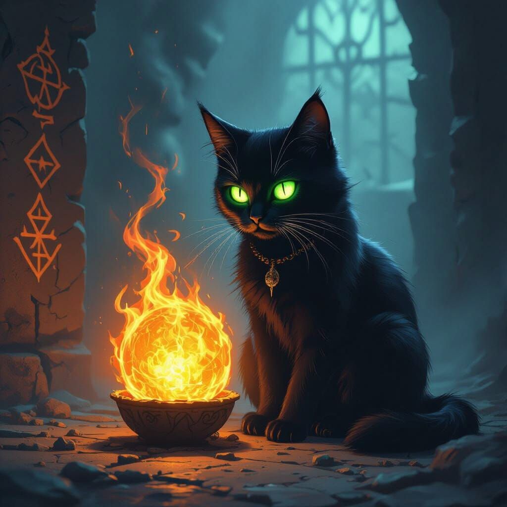 Mystical Cat Holds Fiery Orb in Dark Fantasy Art
