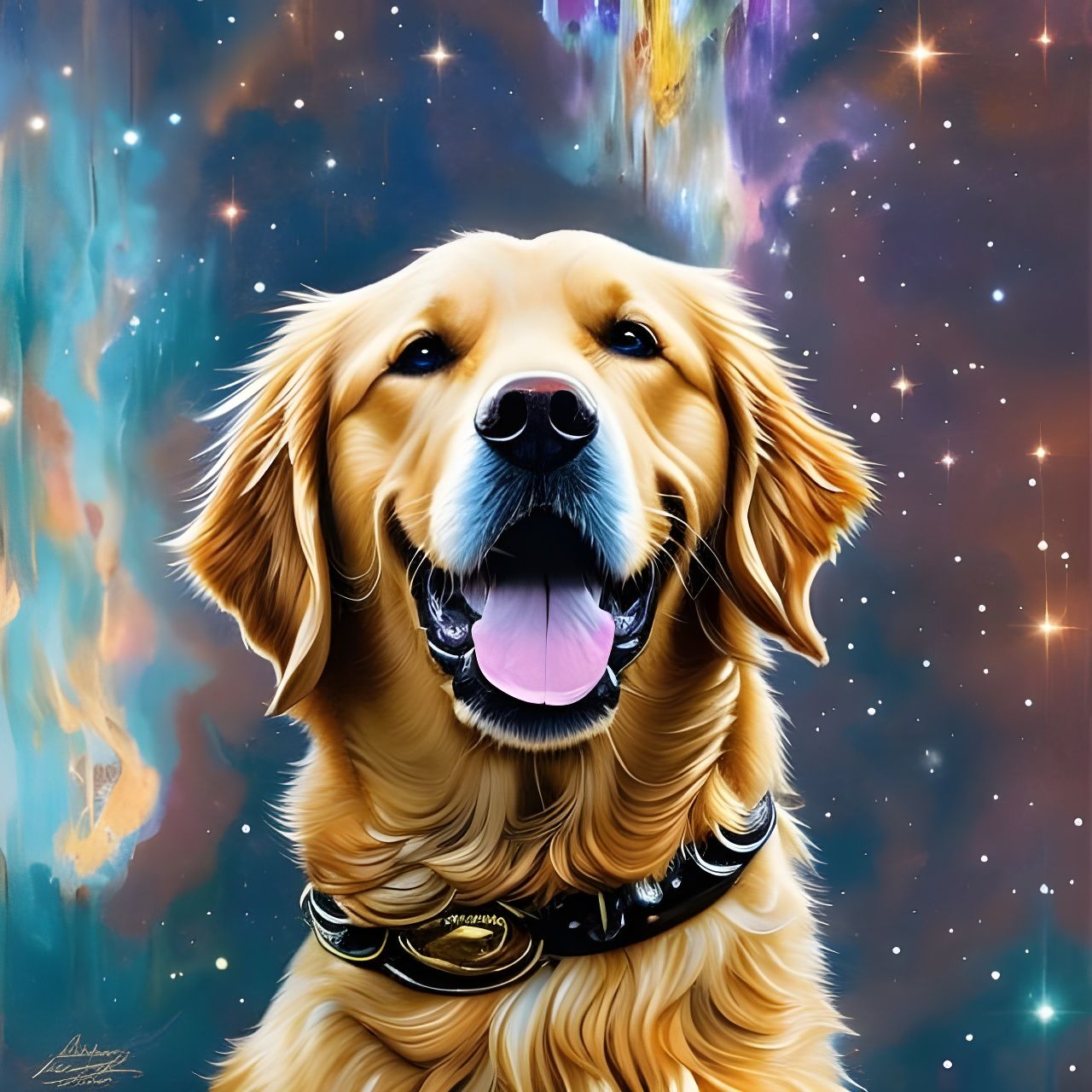 Golden Retriever Among the Stars: Impasto Gouache
