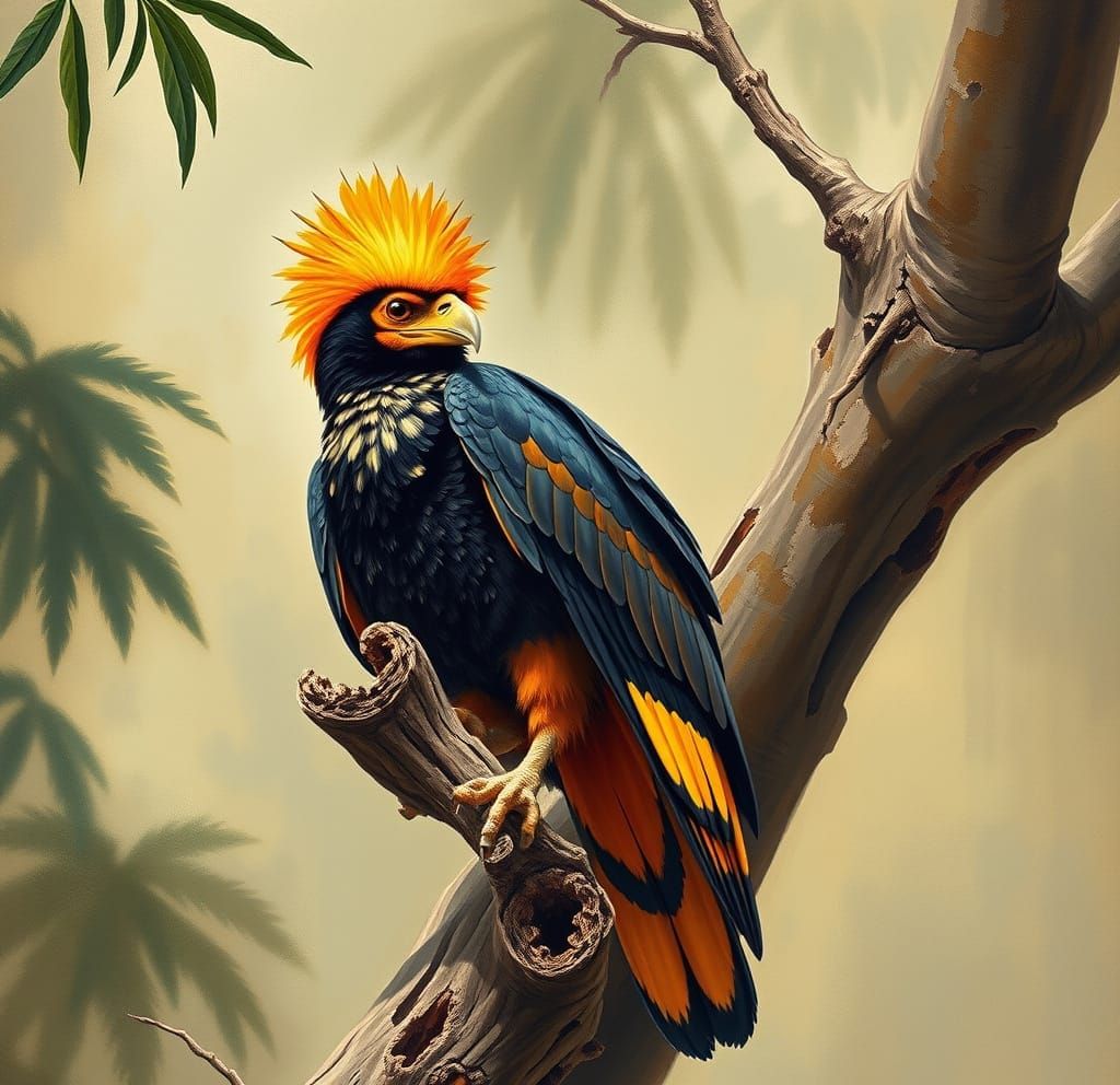 Vibrant Crested Caracara Surveying Tropical Forest in 19th-C...