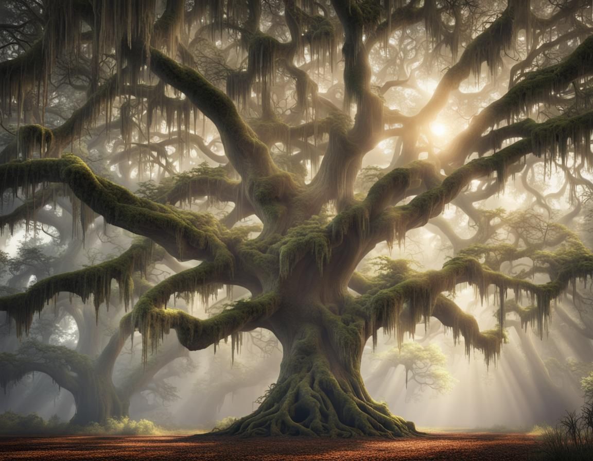 Large oak tree covered by spanish moss