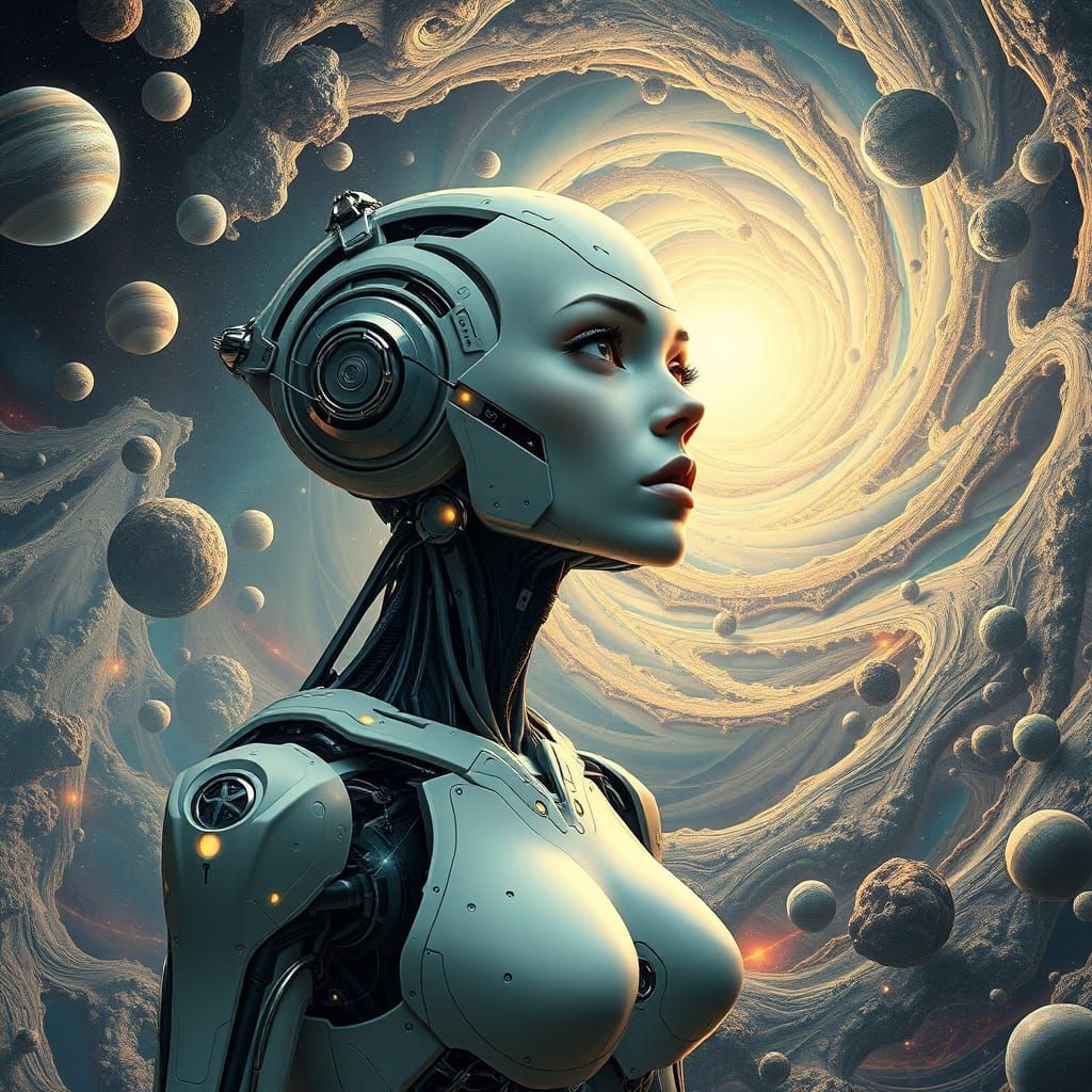 Enigmatic Robot Woman in Cosmic Fractal Landscape
