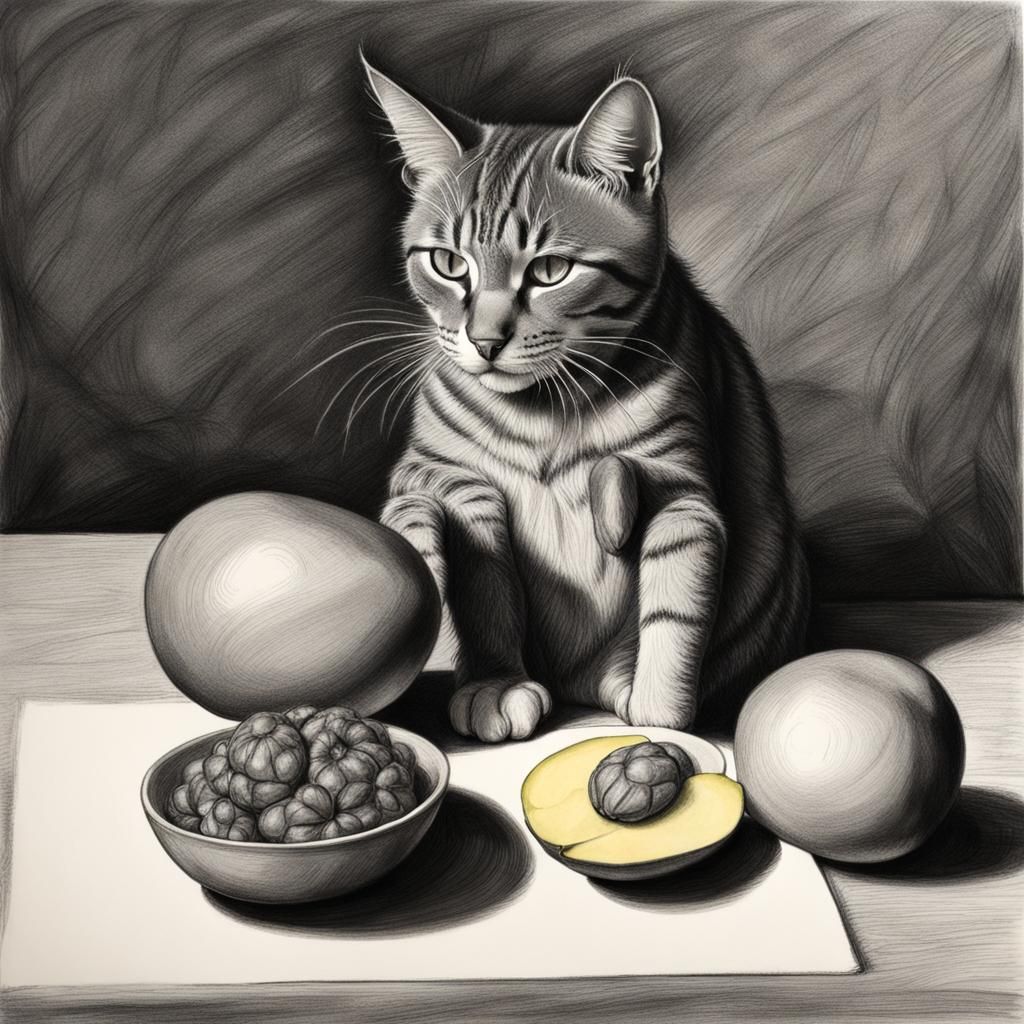 Hyperdetailed Charcoal Drawing of a Cat Eating Mango