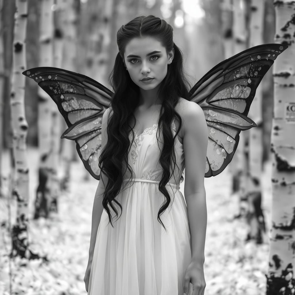 black and white photo of A young woman fairie with fairy win...