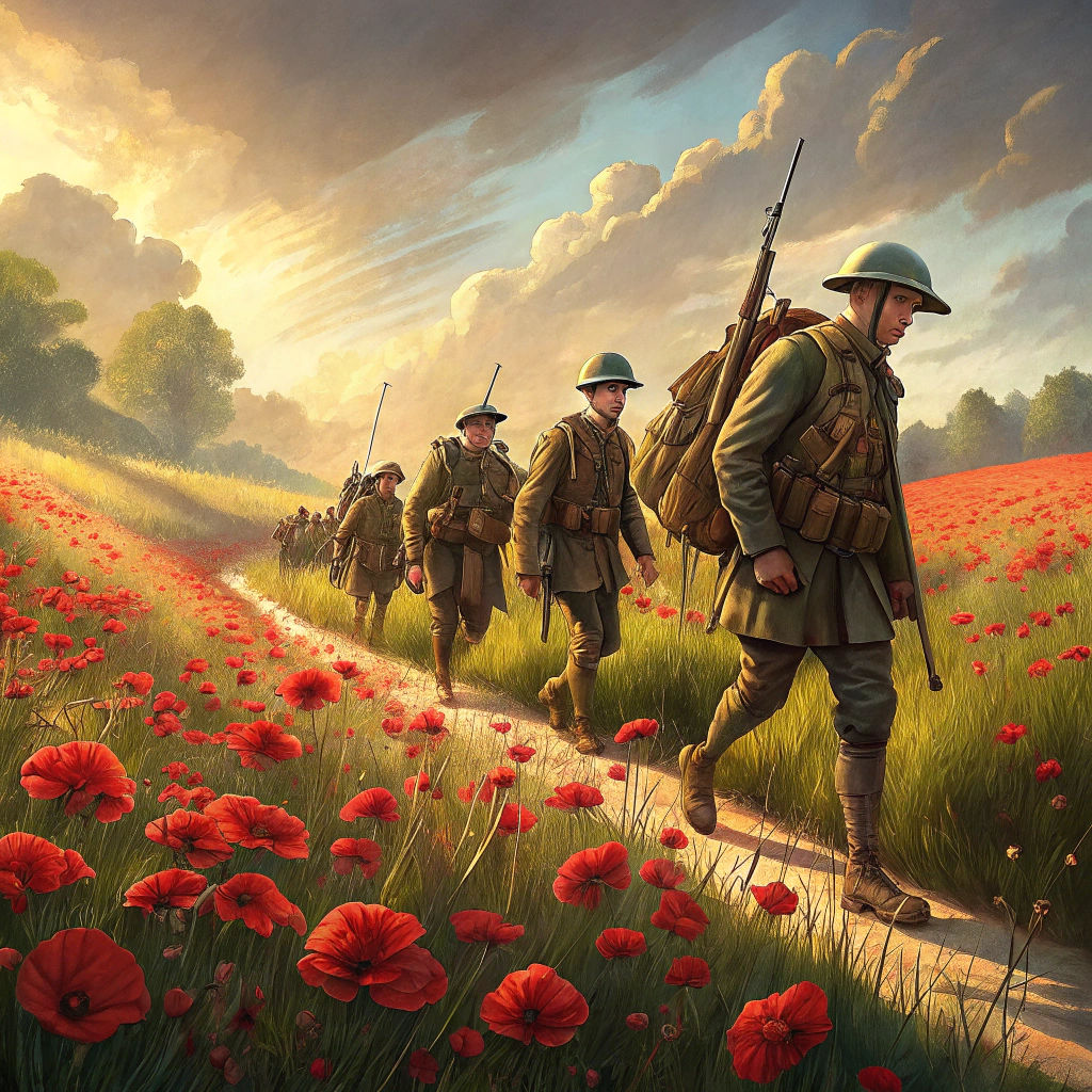 British Soldiers Marching Through Poppy Field as Impressioni...