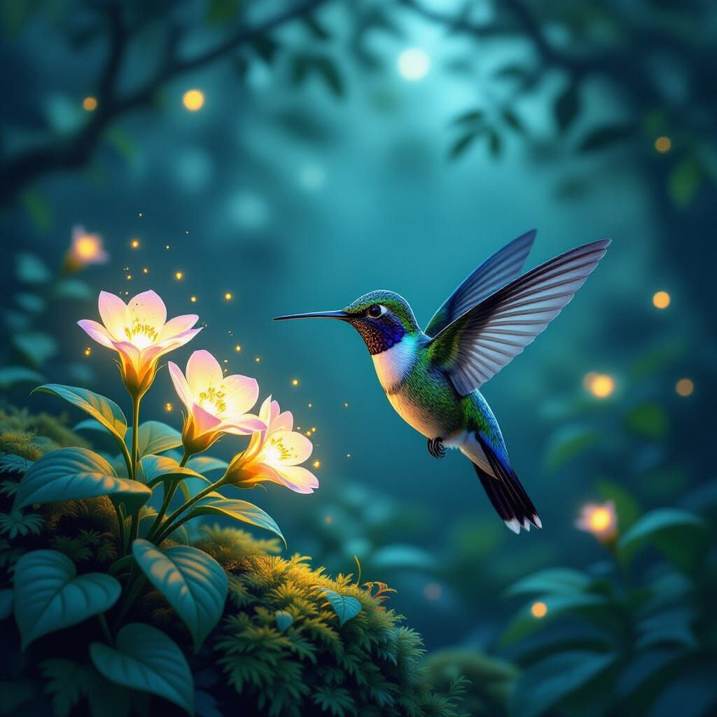 Hummingbird in Enchanted Bioluminescent Twilight Forest