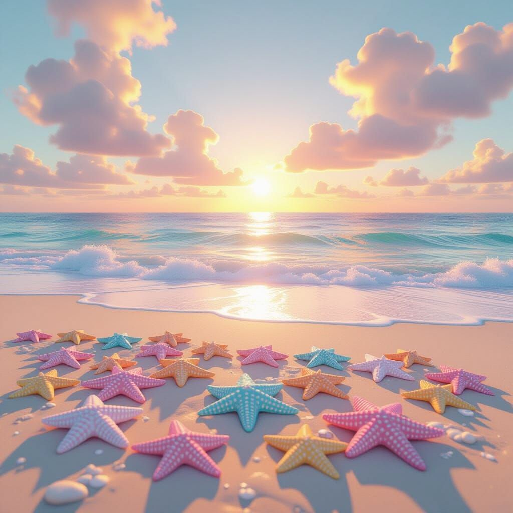 Pastel Sun and Rainbow Starfish on Ocean Beach