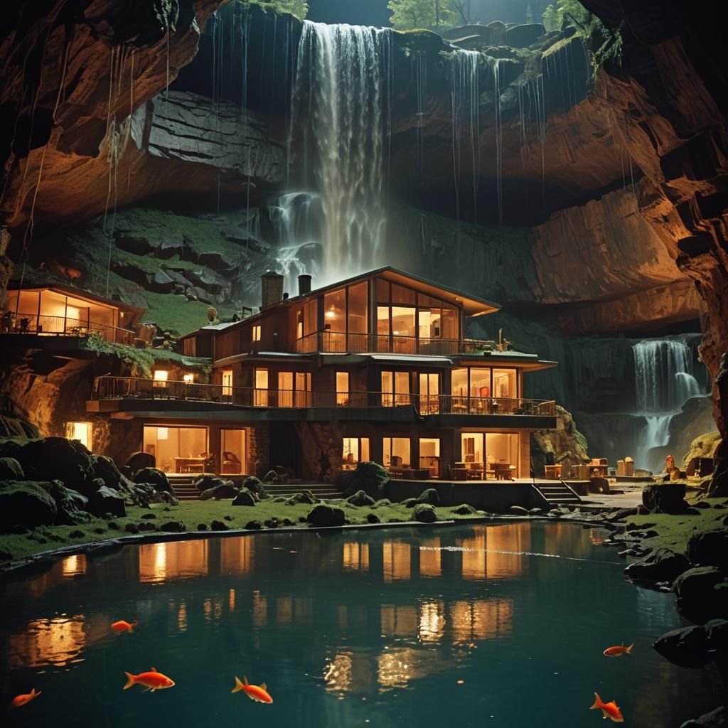 Dramatic Underground House with Waterfall, Cinematic Still