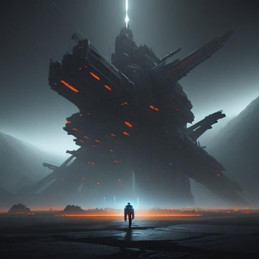 Futuristic Sci-Fi Base with Spaceship in Dark Surrealism