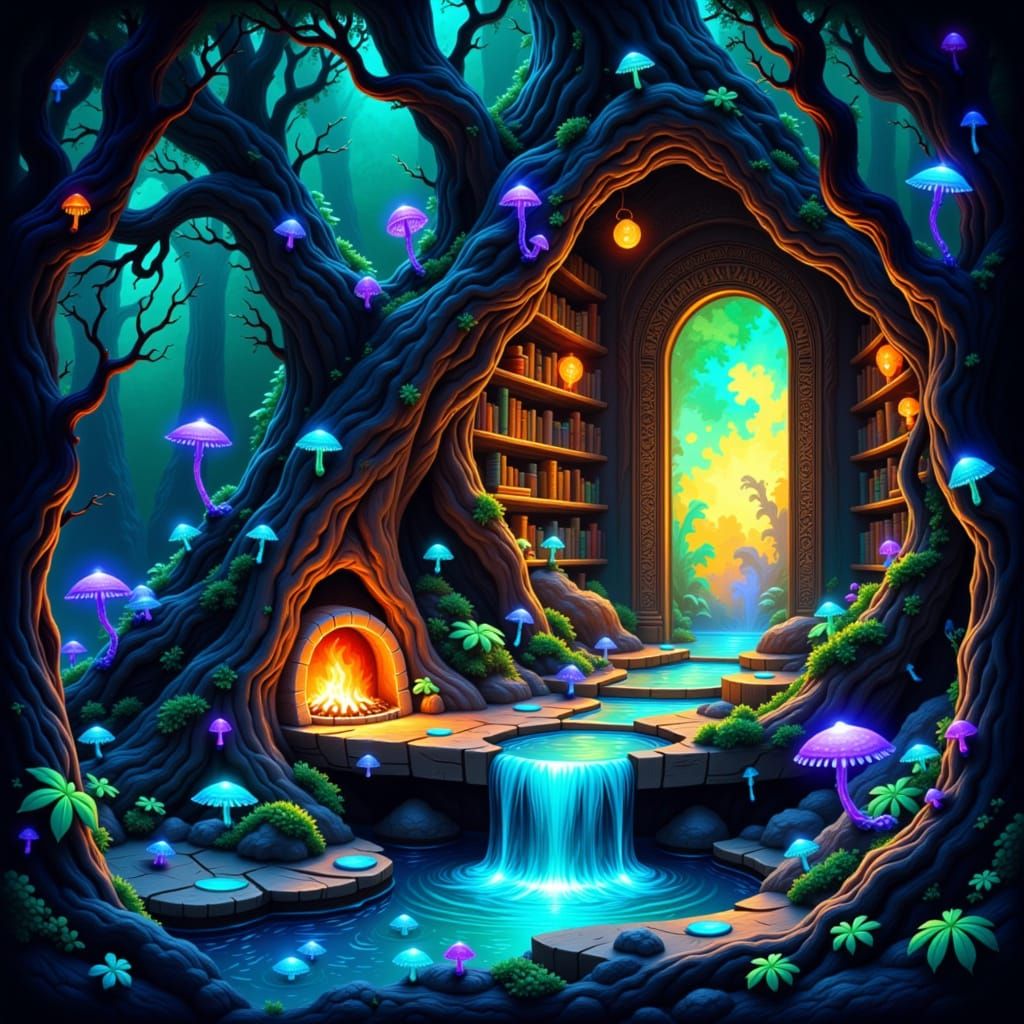 Bioluminescent Cavern World with Miniature Bonsai Library