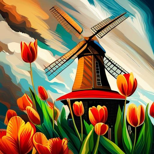 Dutch Windmill and Tulips Graffiti T-Shirt Art