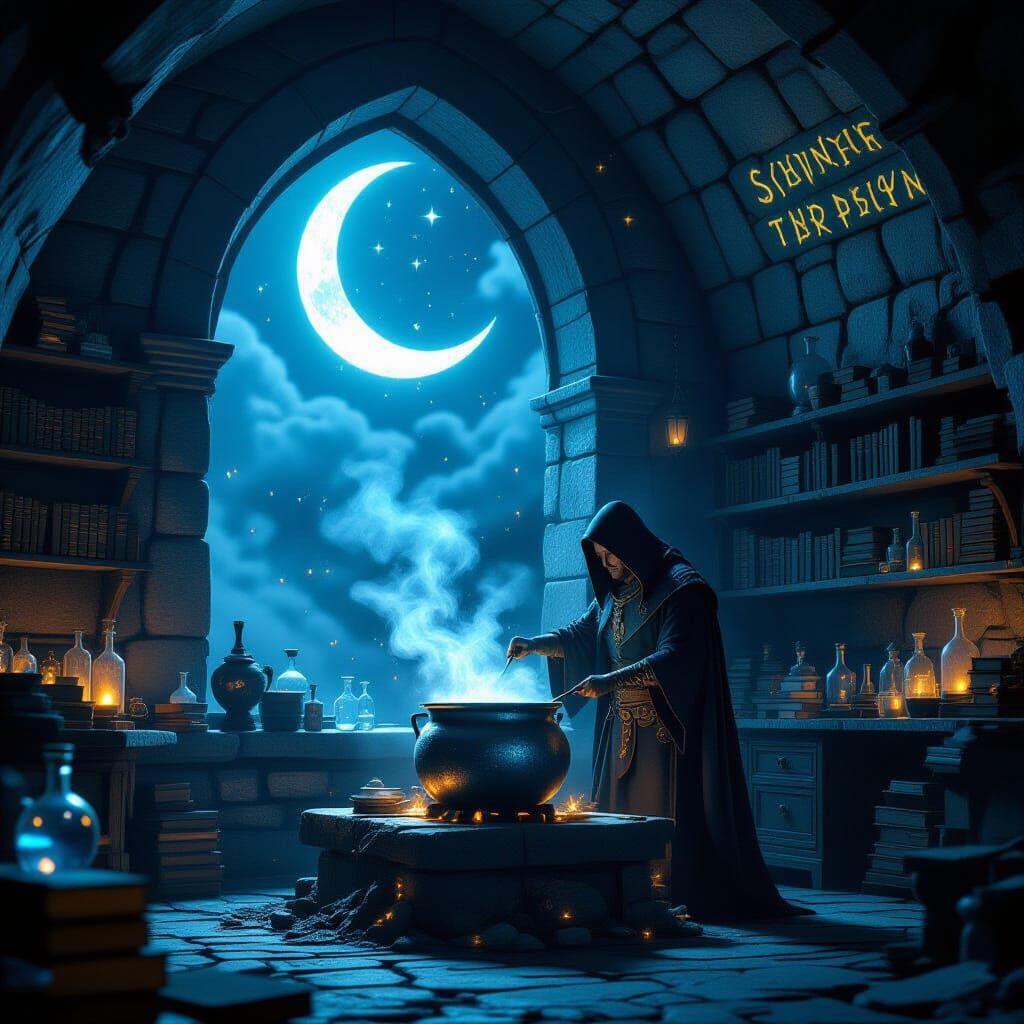 Alchemist's Midnight Brew in Enchanted Laboratory