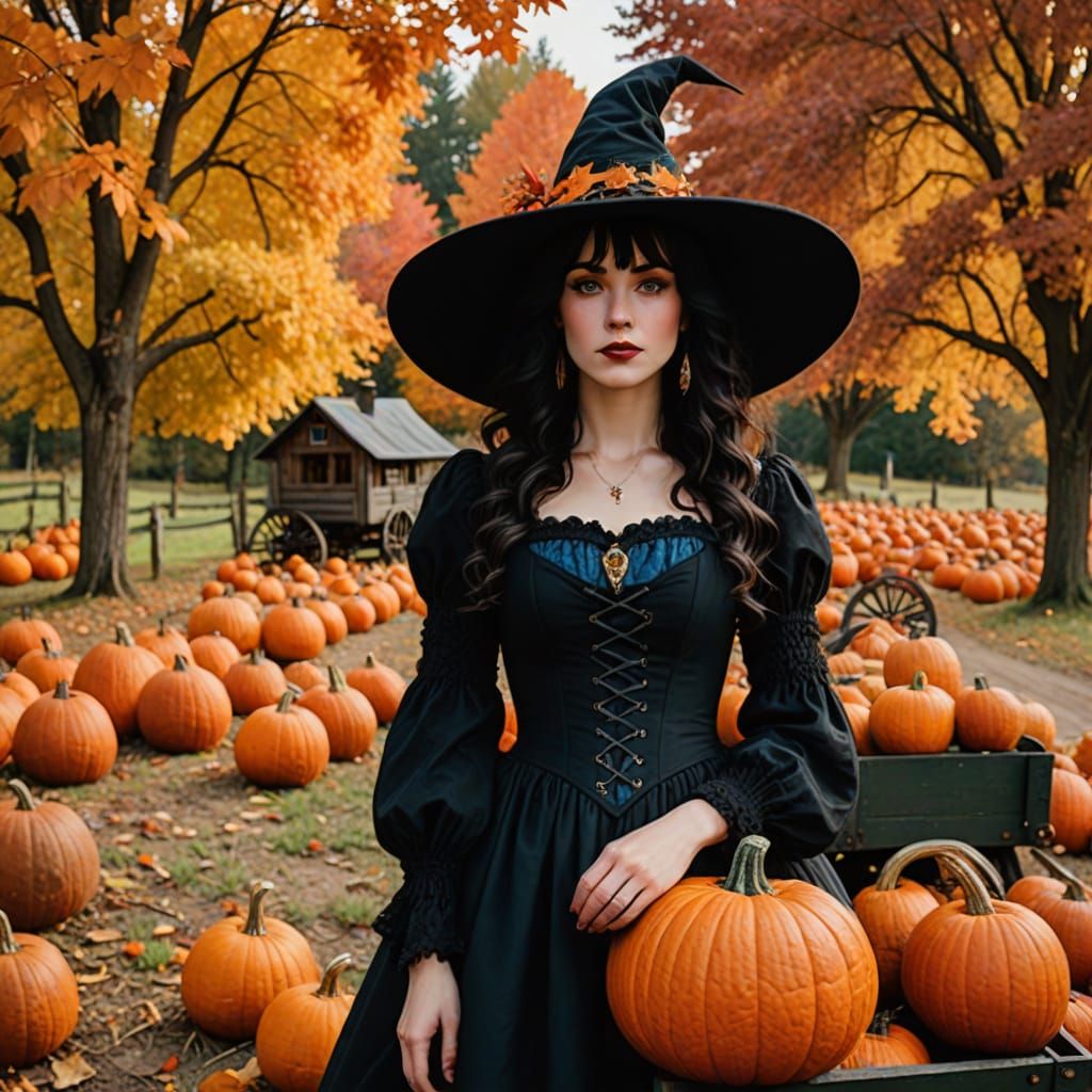 Autumn Witch Harvests Pumpkins in Sunset Patch