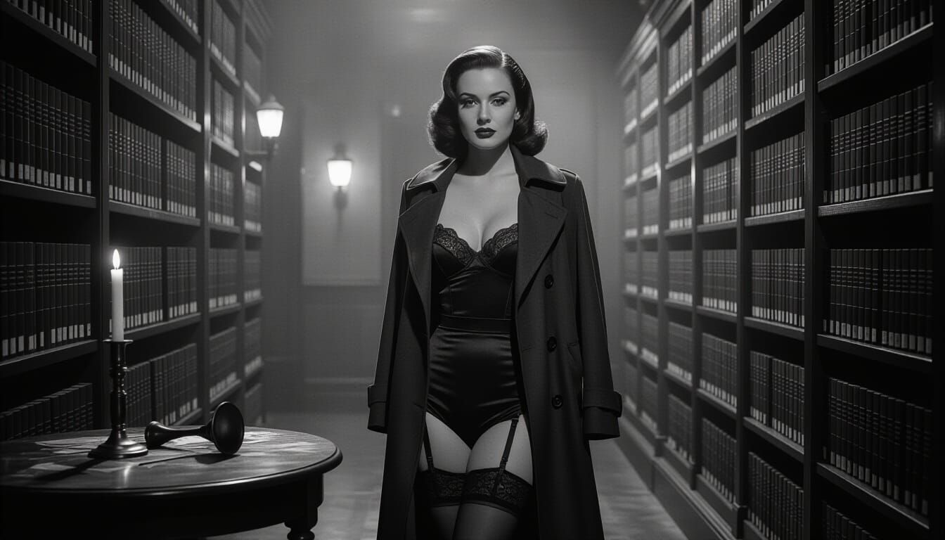 Femme Fatale in Moody Film Noir Library Alley