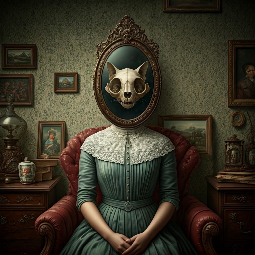 Ethereal Woman in Antique Room with Mirror and Feline Reflec...