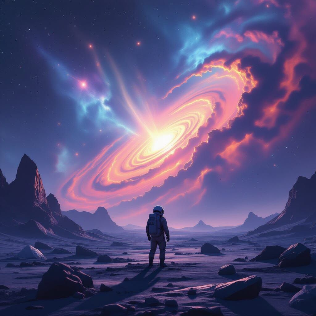 Astronaut Gazes at Swirling Nebula on Alien Planet