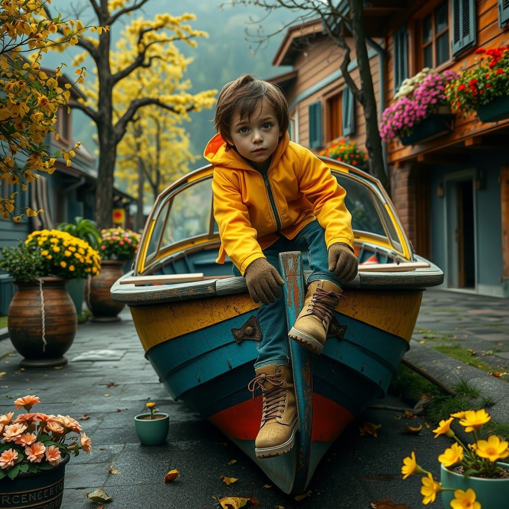 Boy Climbs Rainbow Boat in Mountainous Spring Scene