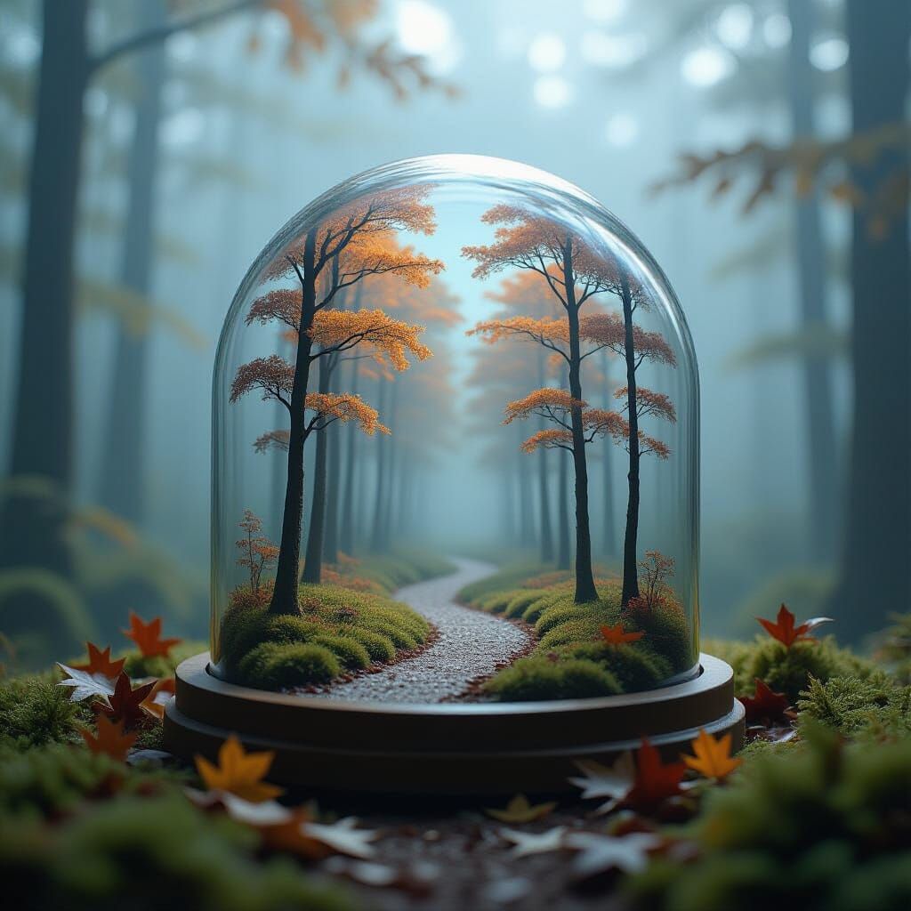 Miniature Autumn Forest Under Glass Dome