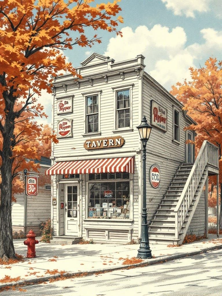 Nostalgic Tavern: Colored Pencil Illustration of Americana