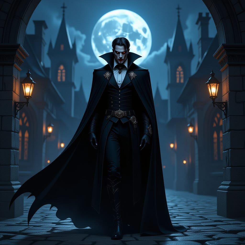 Hungry Vampire in Moonlit Gothic Castle Courtyard