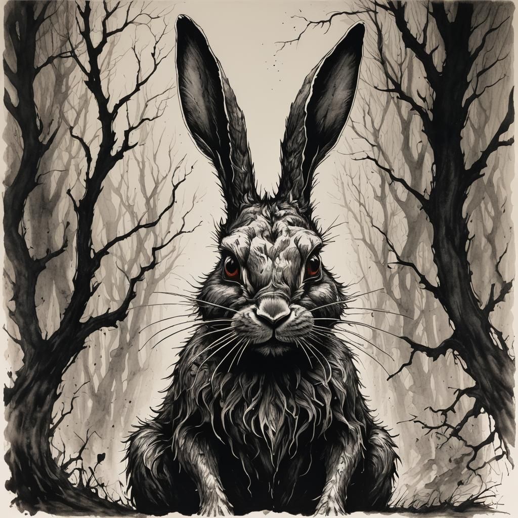 Scary Anthropomorphic Rabbit in Pen and Ink