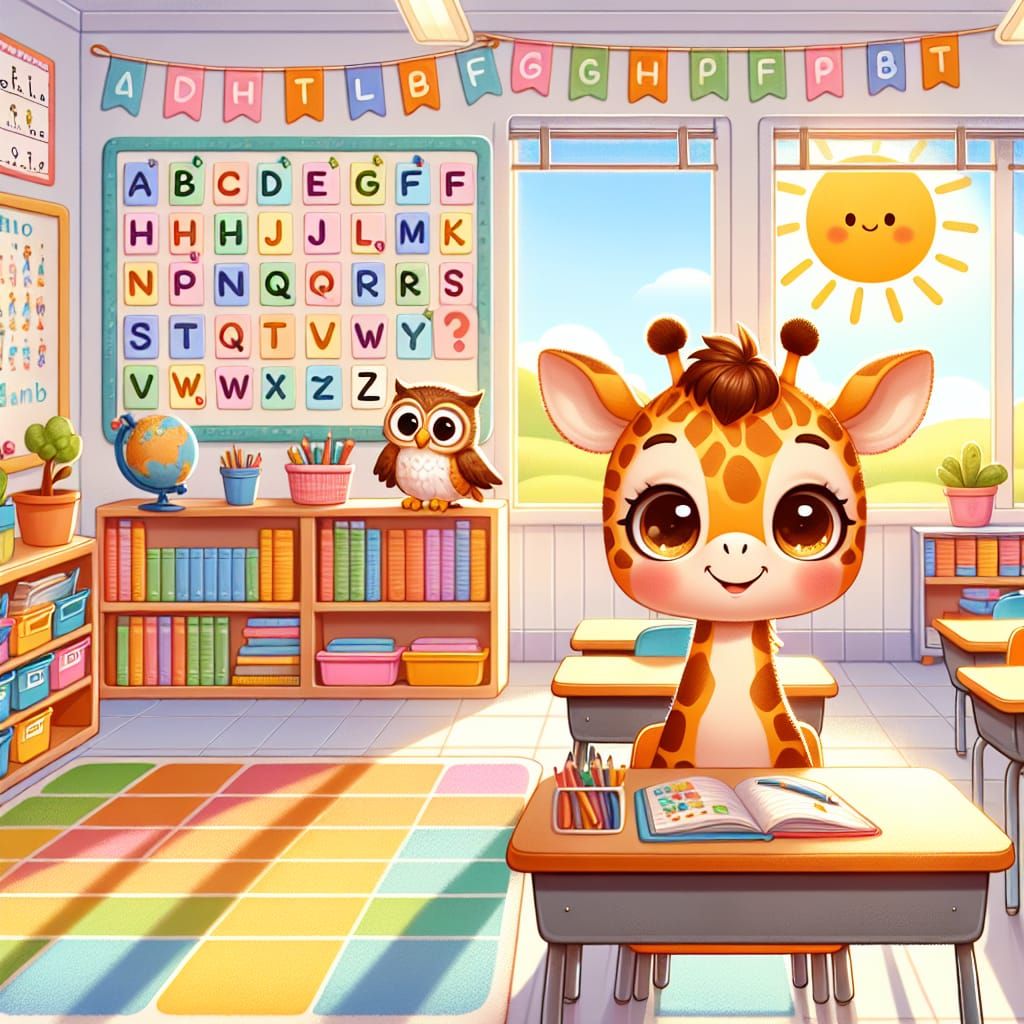 Charming Classroom Scene with Giraffe Pupil and Teacher