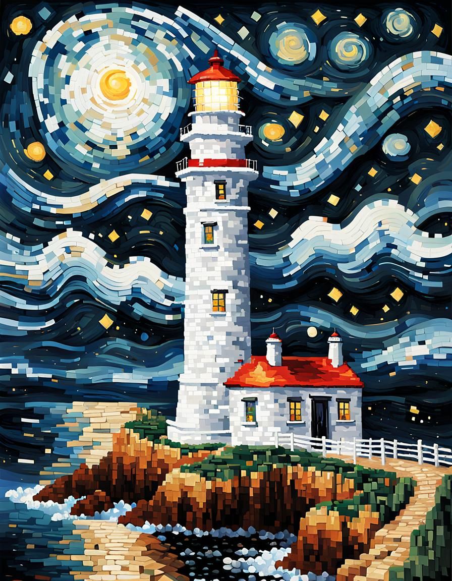 Pixelated Lighthouse Under Starry Sky: Pixel Art