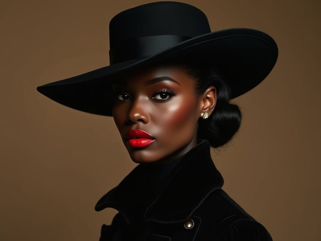 Ethereal Noir Goddess in Black Hat and Coat