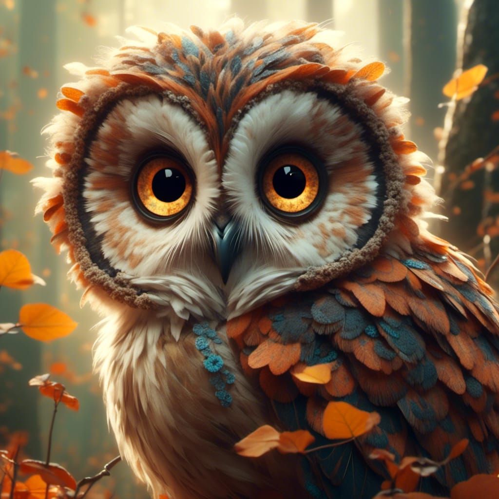 Hyperrealistic Leafy Owl with Chibi Eyes