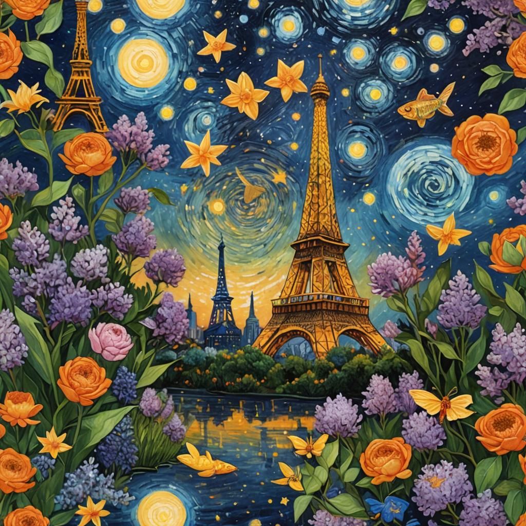 Starry Night Lilacs: Encaustic Painting in Van Gogh Style