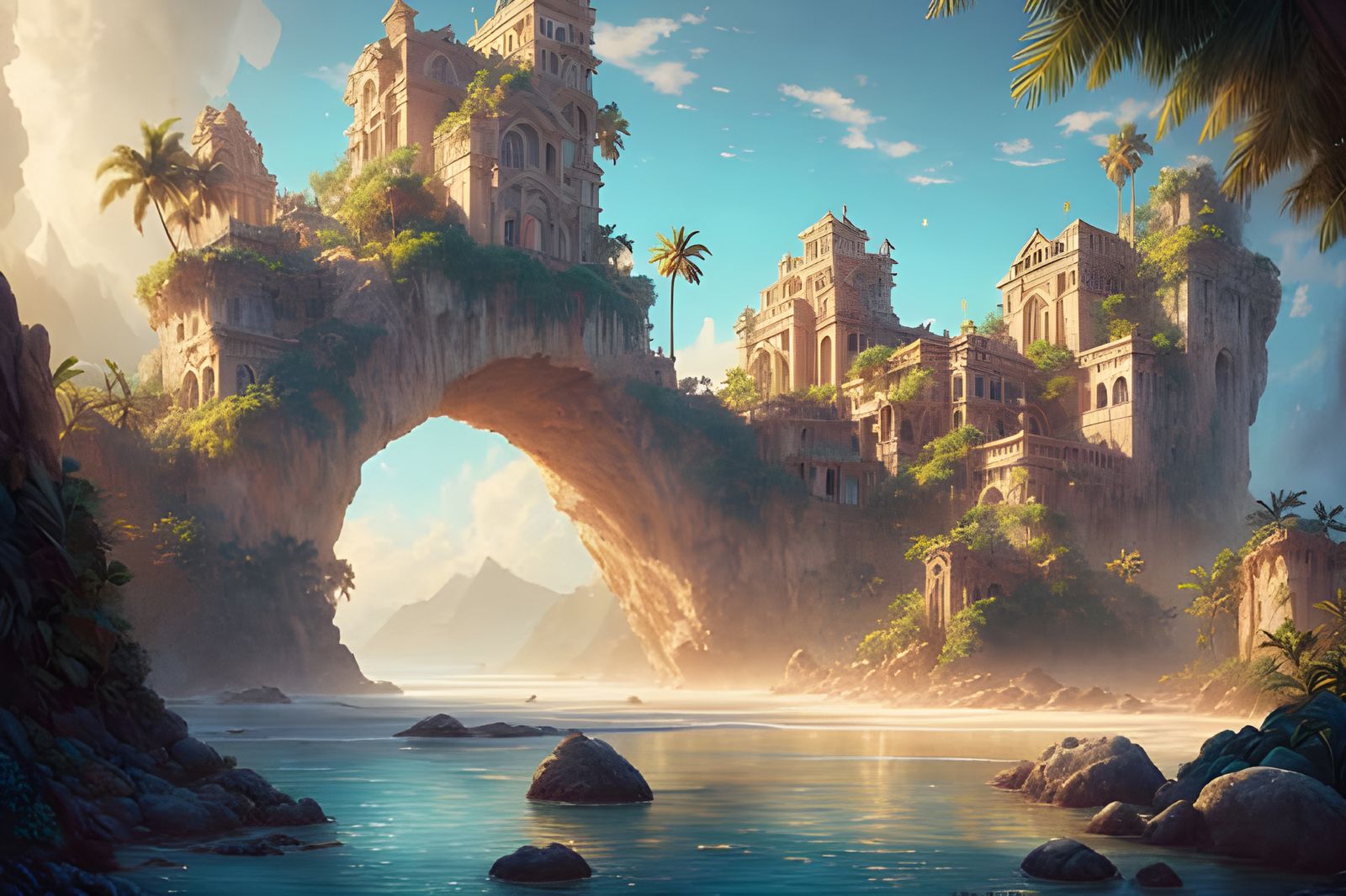 Tropical Coastline Ruins with Shimmering Medallion