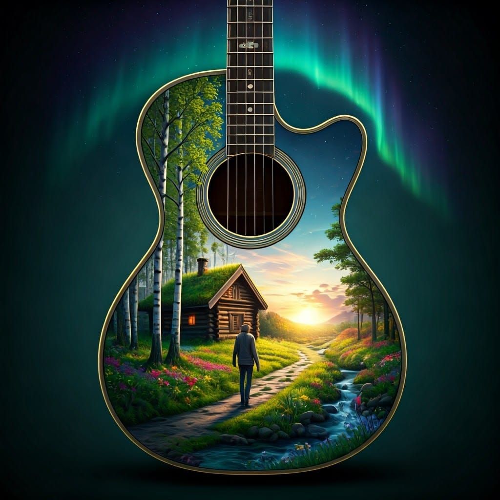 Surreal Guitar Landscape with Wanderer and Aurora