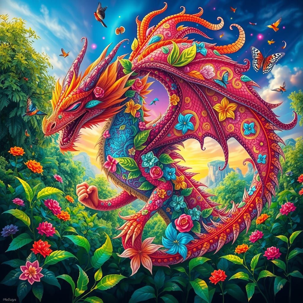 Hyperrealistic Floral Dragon in Psychedelic Wilderness Scene