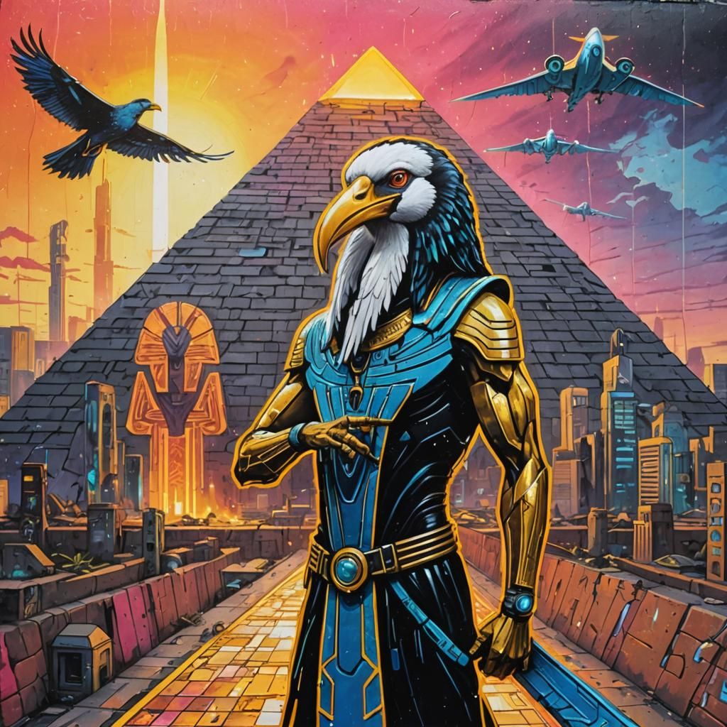 Cyberpunk Graffiti Art of Thoth with Pyramid