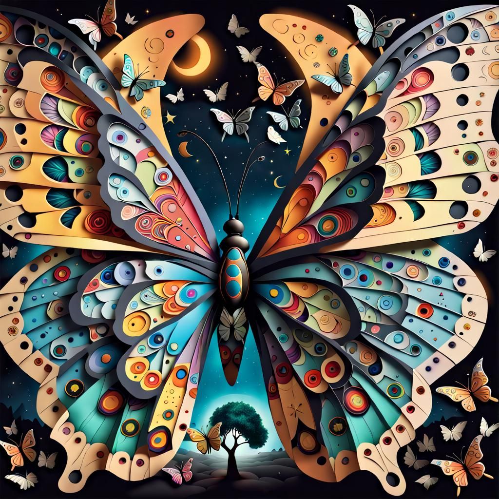 Cosmic Butterfly Folk Art with Colorful Windows