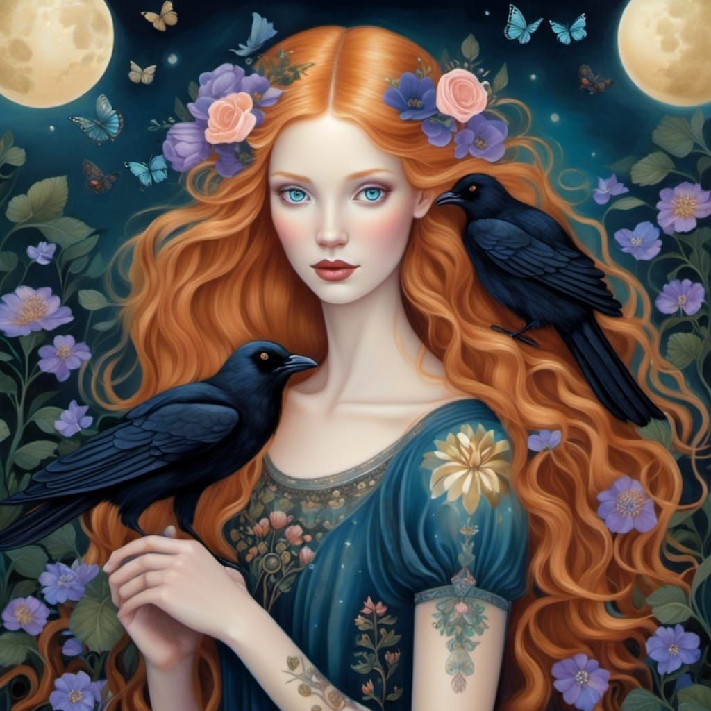 Mystical Woman with Crow in Gouache and Watercolor