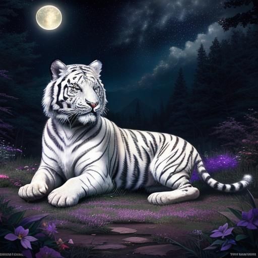 Fantasy White Tiger Under Starry Night