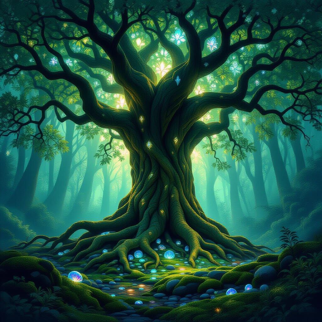Majestic Ancient Tree with Iridescent Crystalline Leaves