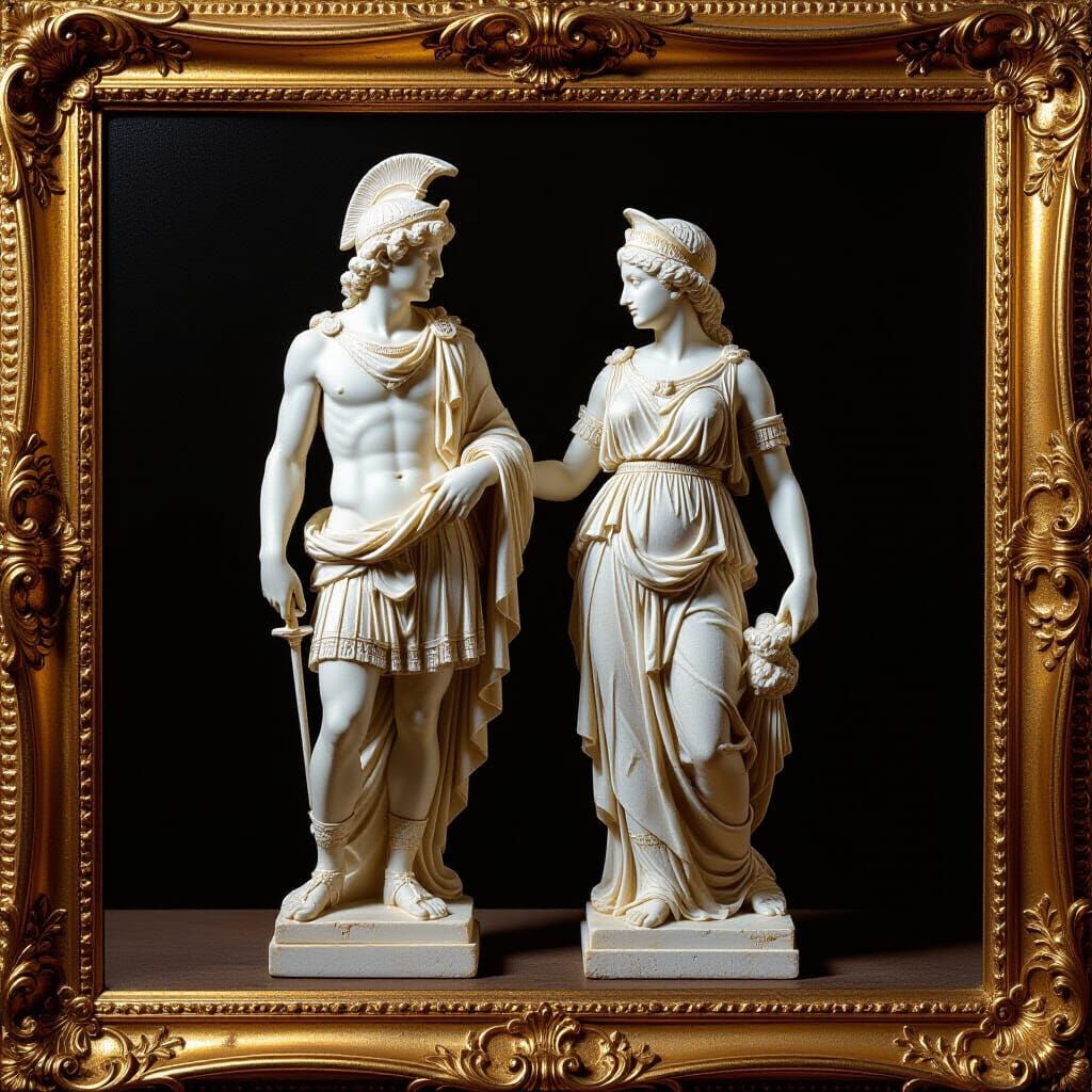 Miniature Apollo and Venus Sculpture in Oil Painting Style