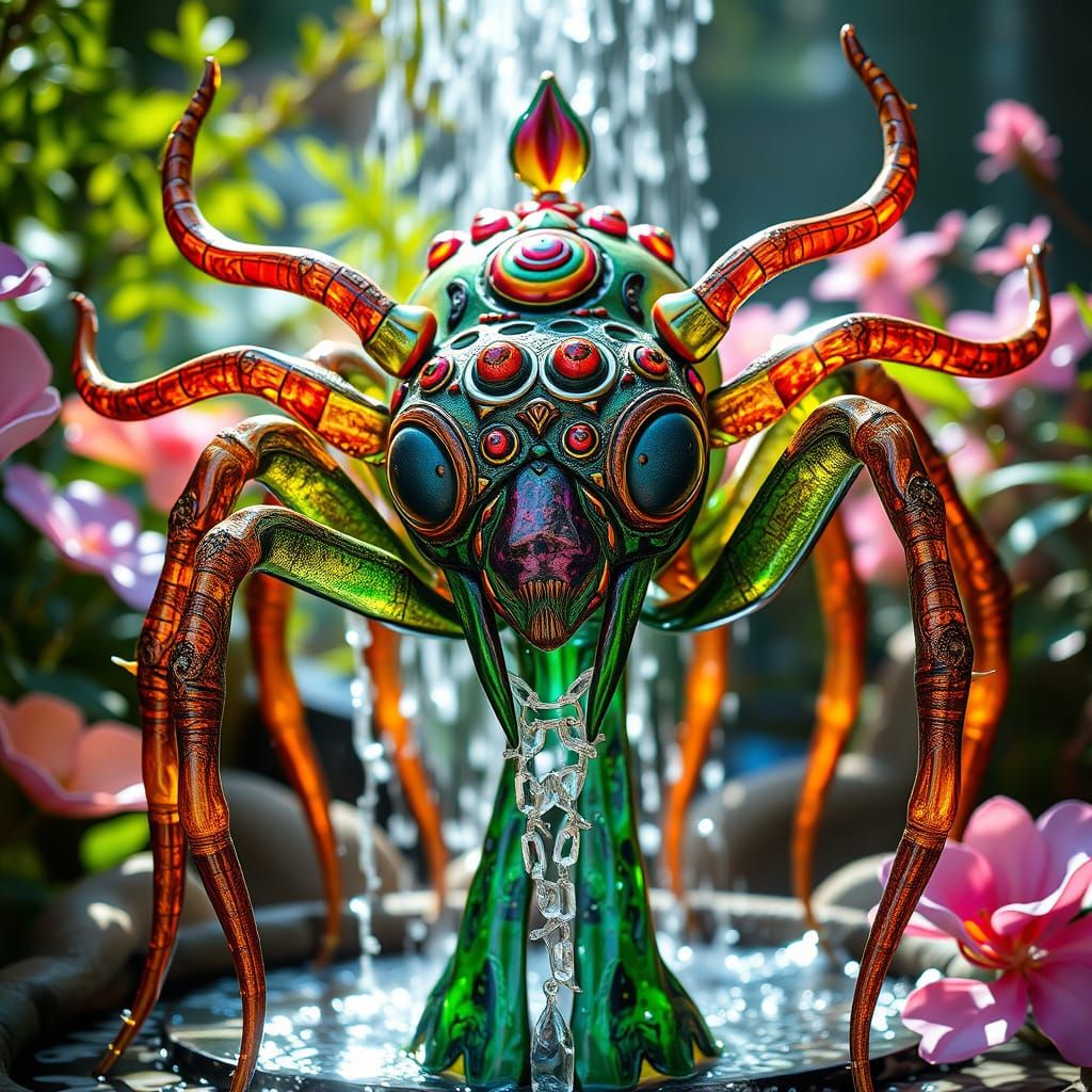 Glass Alien Bug Sculpture in Garden Fountain