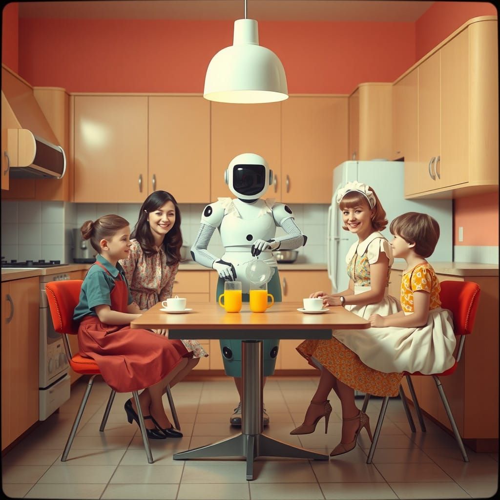 Cheerful Family Surrounded by Retro-Futuristic Elegance