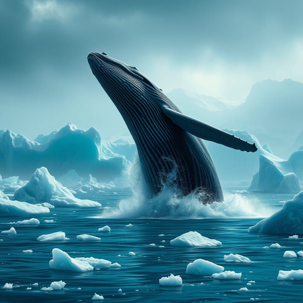 Majestic Whale Breaks Surface in Icy Waters, Snow-Capped Mou...